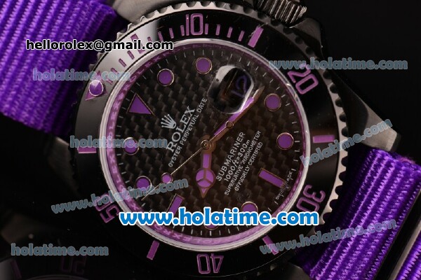 Rolex Submariner Asia 2813 Automatic PVD Case with Purple Markers Carbon Fiber Dial and Purple Nylon Strap - Click Image to Close